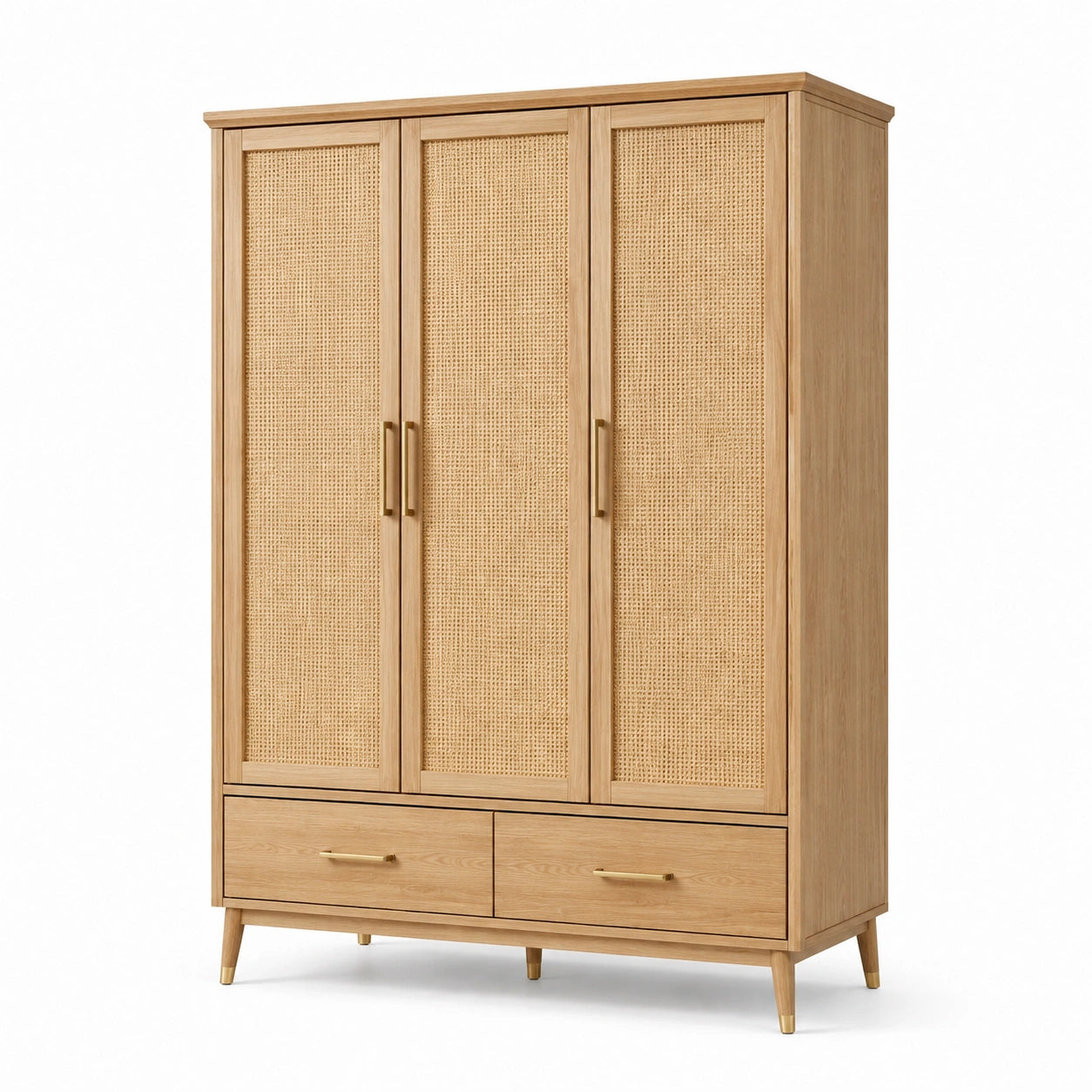 Armadio in legno e rattan naturale con 3 ante