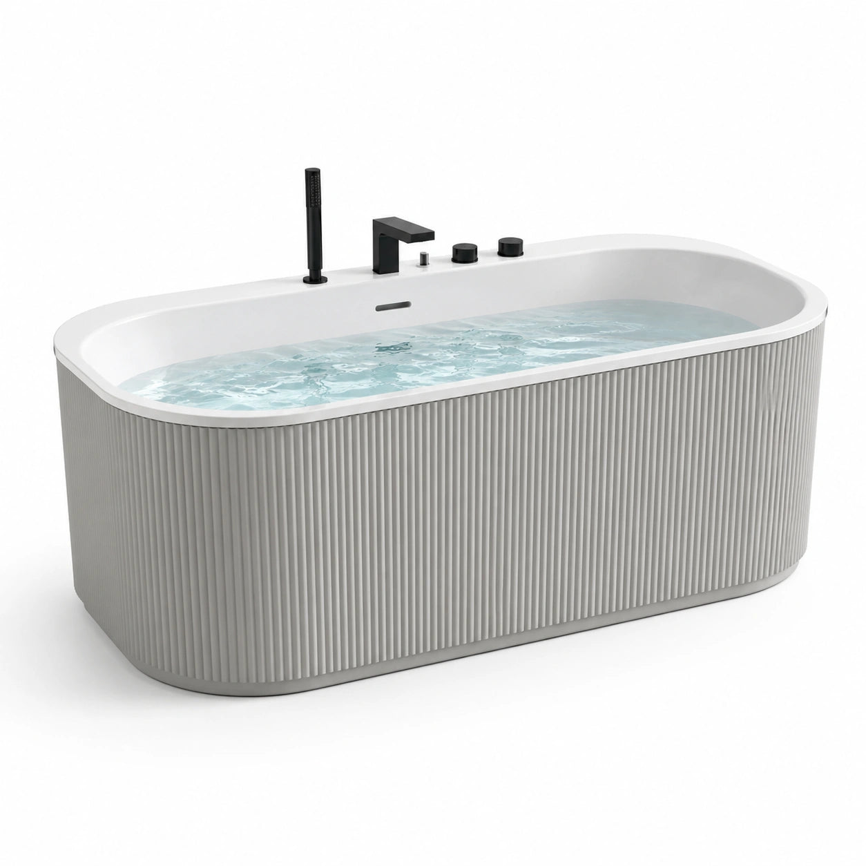 Vasca da bagno freestanding acrilico bianco con rubinetteria in acciaio