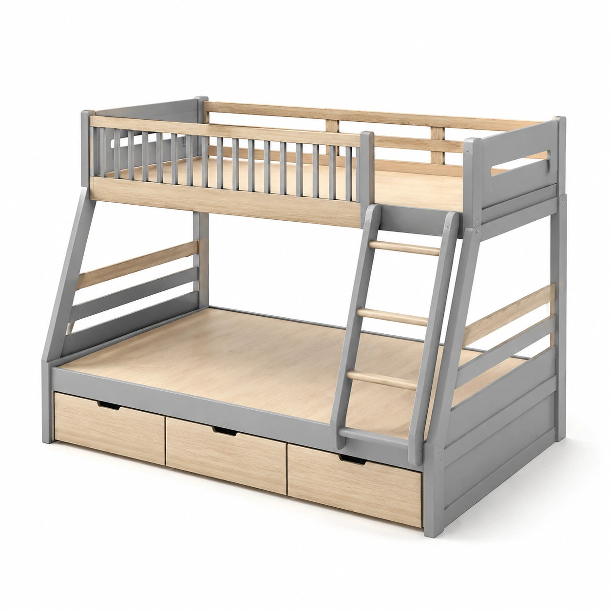 Letto a castello in legno con cassetti e scala grigio e naturale