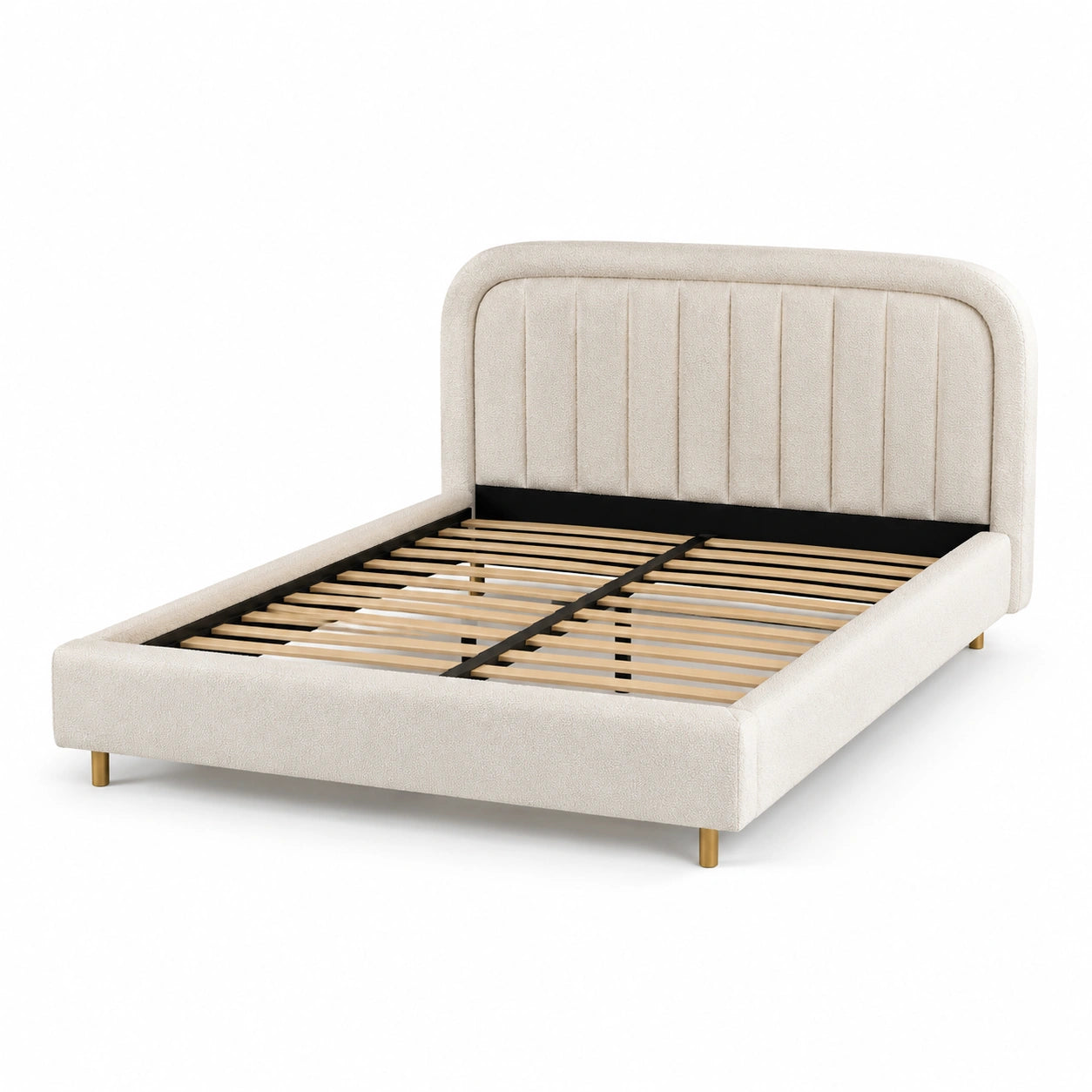 Letto matrimoniale in legno e metallo con rivestimento in poliestere beige