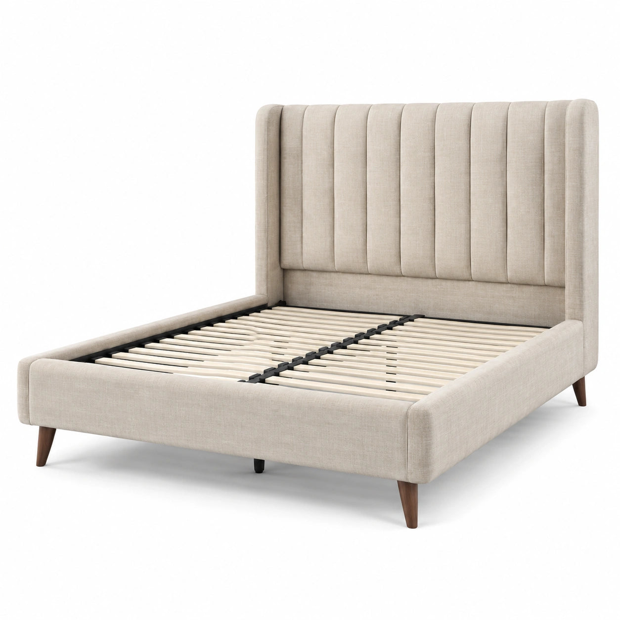 Letto matrimoniale in legno e tessuto beige con testiera imbottita 200x160 cm