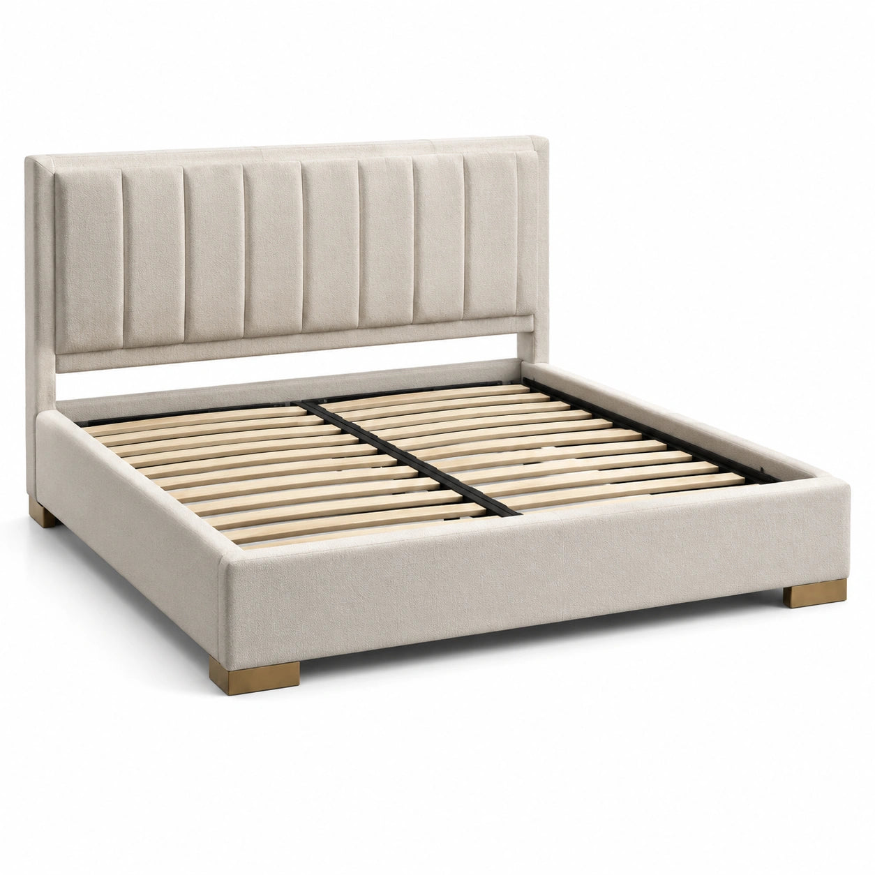 Letto matrimoniale imbottito beige tessuto legno
