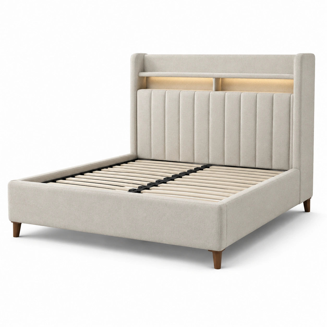 Letto matrimoniale in tessuto beige con testiera in legno
