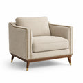 Poltrona in Lino Beige con Struttura in Legno e Dettagli in Ottone