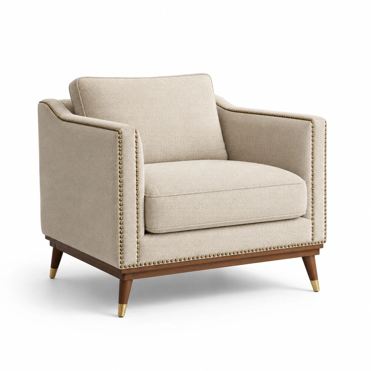 Poltrona in Lino Beige con Struttura in Legno e Dettagli in Ottone