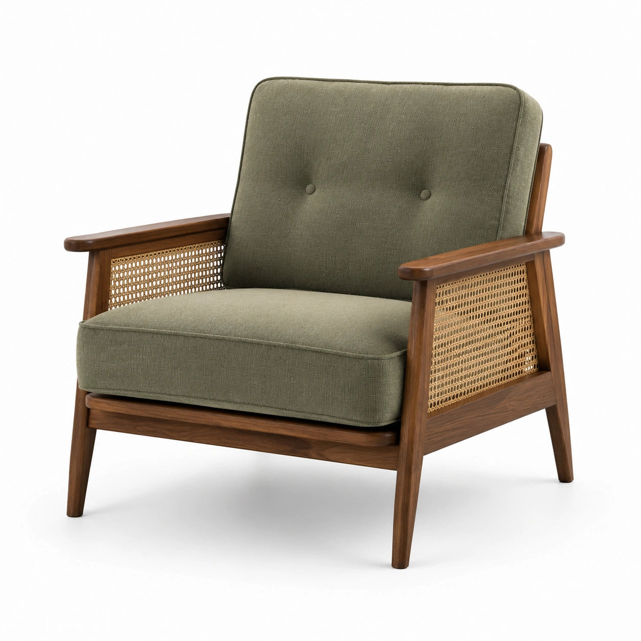 Poltrona in tessuto verde con struttura in legno e braccioli in rattan
