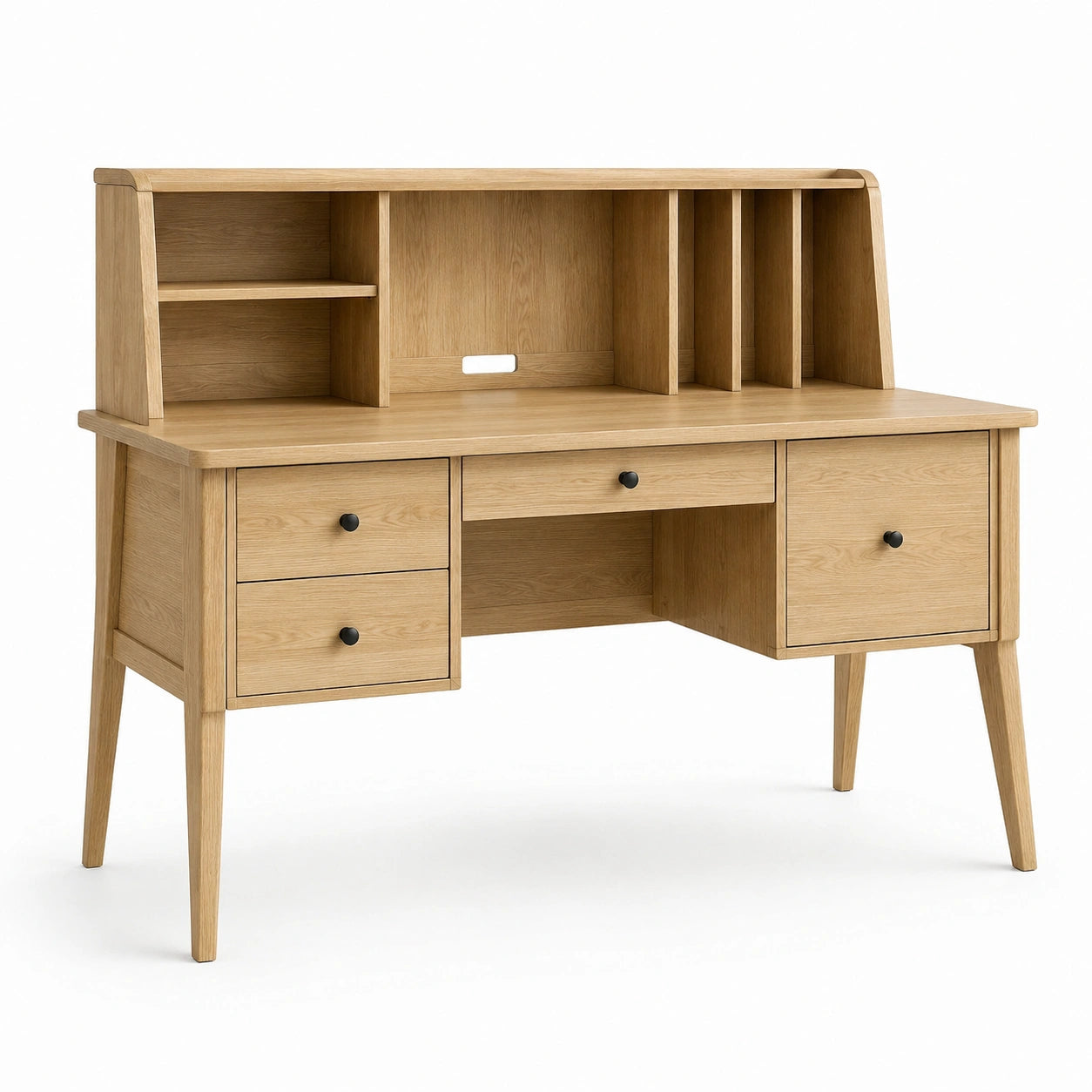 Scrivania in legno di rovere con cassetti e scaffali