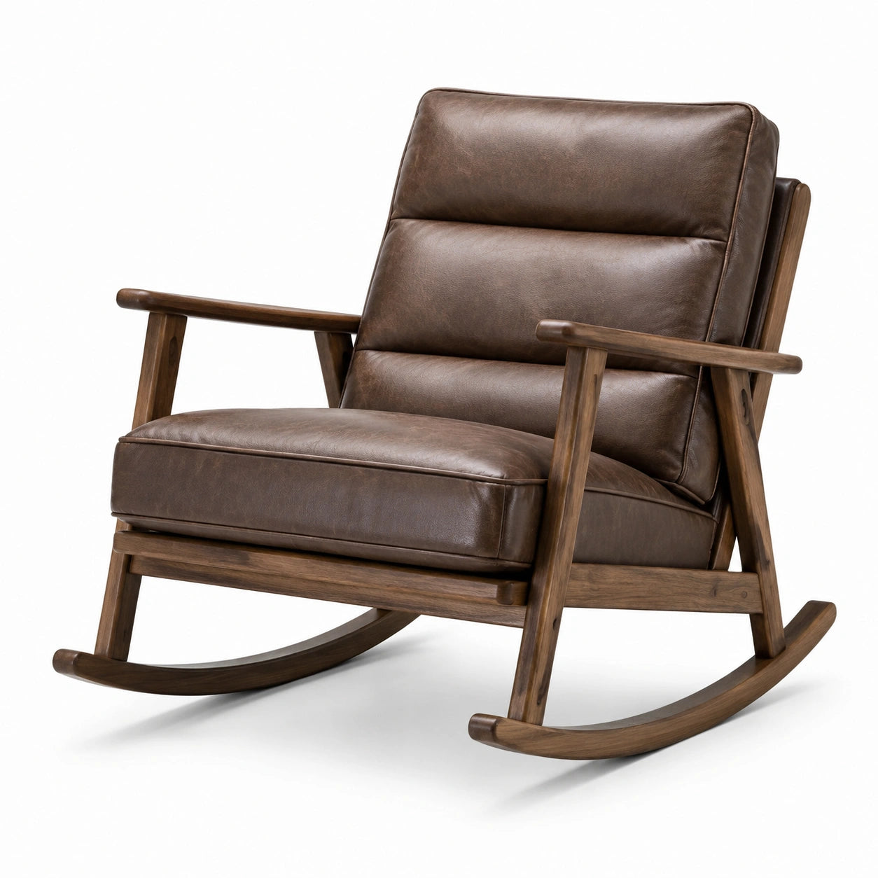 Sedia a dondolo in pelle marrone con struttura in legno