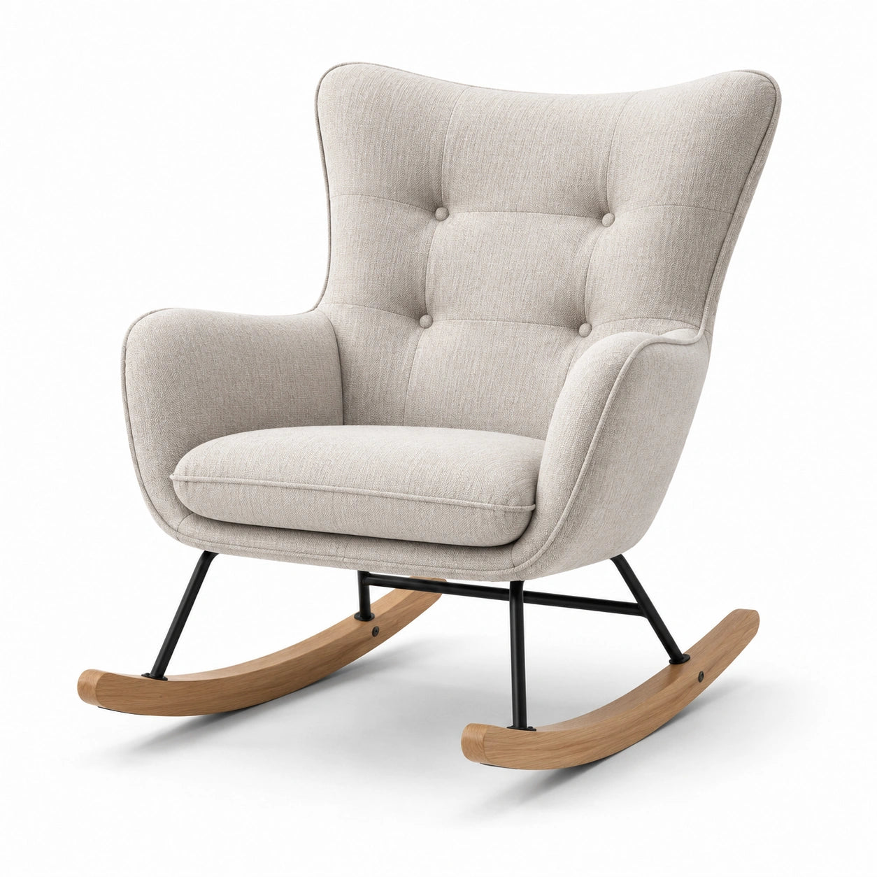Sedia a dondolo in legno e metallo con tessuto beige