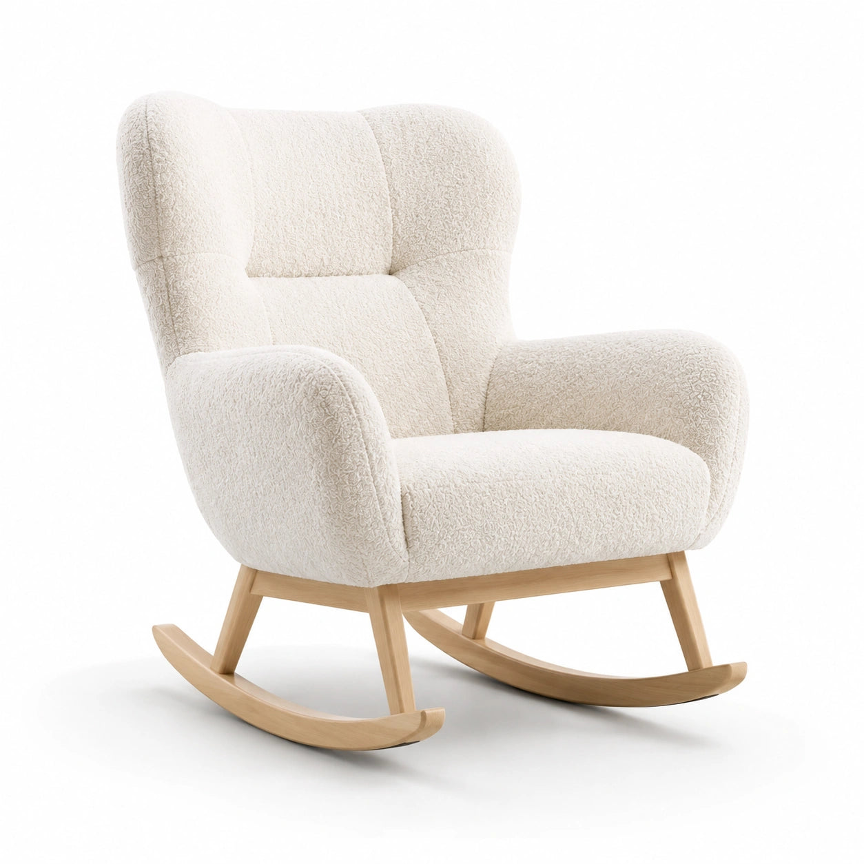 Sedia a dondolo in lana Bouclé con base in legno di faggio