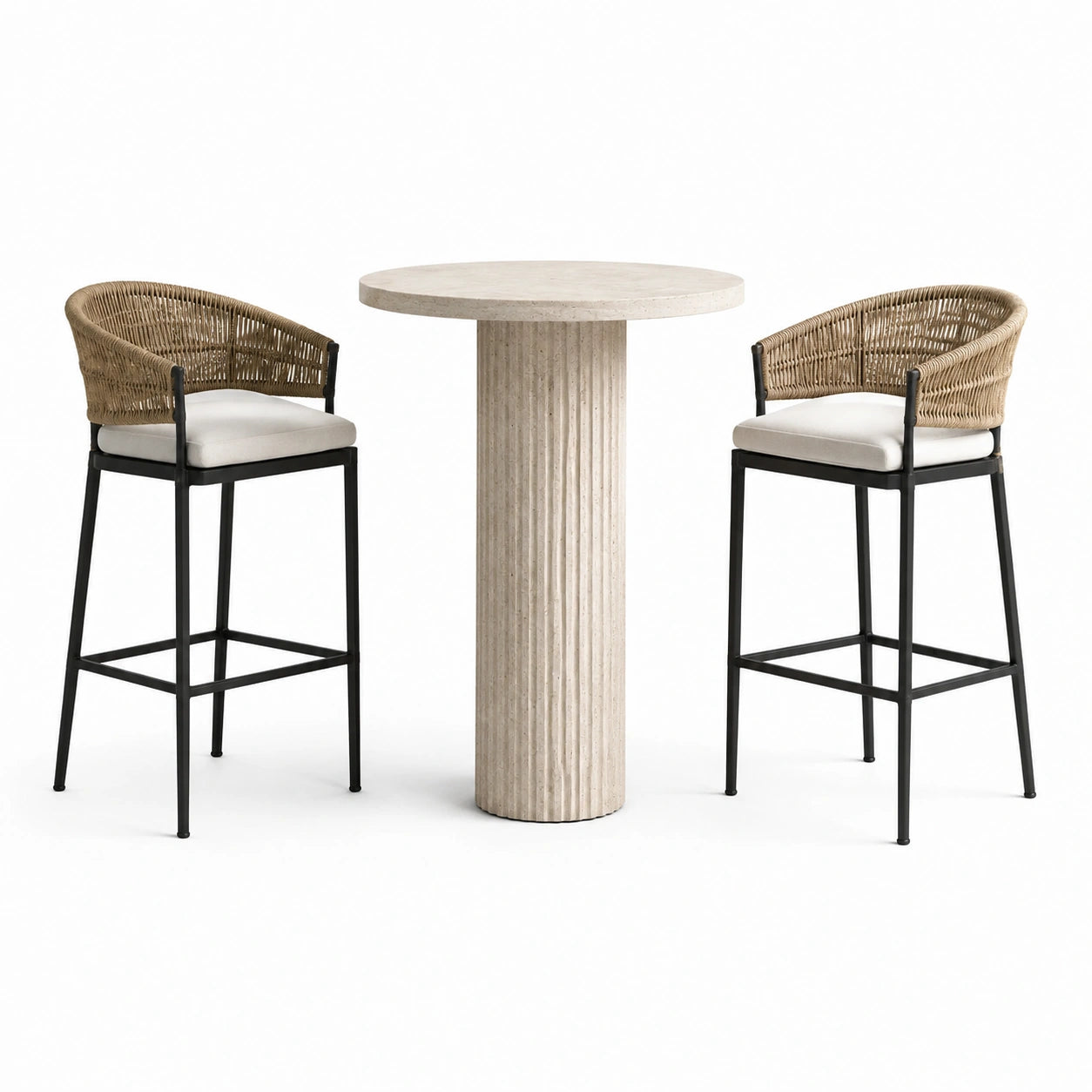 Set da bar in pietra, rattan e metallo con tavolo rotondo e sedie